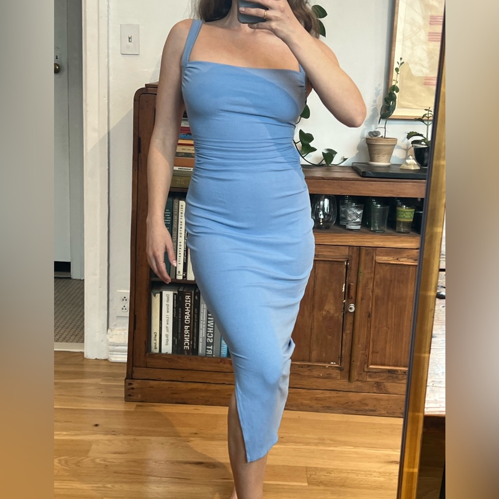 Blue Dress with Side Cut Out and Open Back